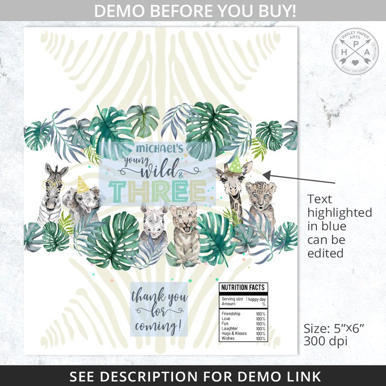 May include: A printable invitation for a child's third birthday party. The invitation features a jungle theme with a zebra, elephant, rhinoceros, and giraffe. The text on the invitation reads "Michael's Young Wild & Three".