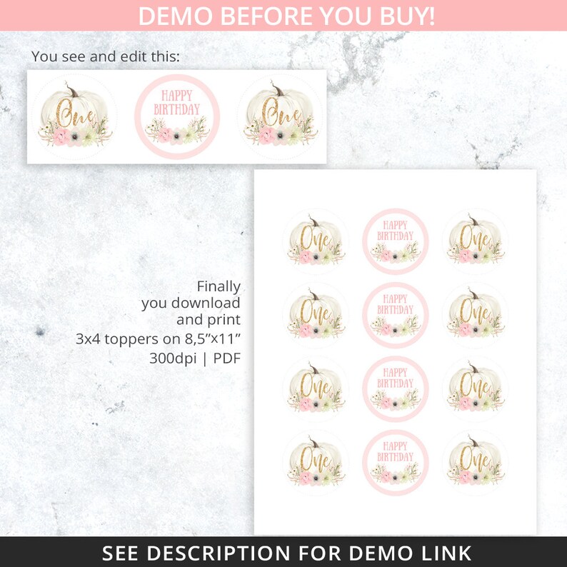 May include: White and gold "One" and "Happy Birthday" toppers with floral accents. The toppers are in a pumpkin shape and round shape. The text "DEMO BEFORE YOU BUY!" is at the top of the image.