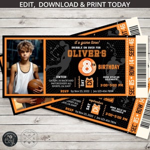 Invitation à un billet d'anniversaire pour sport de basket-ball, fête des garçons toutes étoiles, invitation à une fête d'activités pour les jeux de ballon. Modèle de carte modifiable. 218HPA 33D
