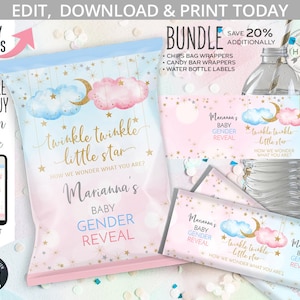 BUNDLE Twinkle little star gender reveal baby shower chips and juice bag, mini chocolate bar label favors. Editable printables. 177HPA 41