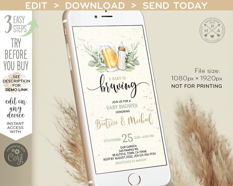 A baby is brewing electronic baby shower invitation beer milk smartphone e-vite, digital selfediting invite. E173 02 173hpa image 3