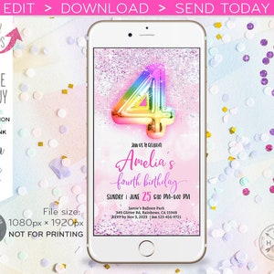 May include: A digital invitation for a 4th birthday party. The invitation features a rainbow-colored number 4 balloon on a pink background with glitter. The text "Amelia's fourth birthday" is written in pink and white. The invitation also includes the date, time, and location of the party.