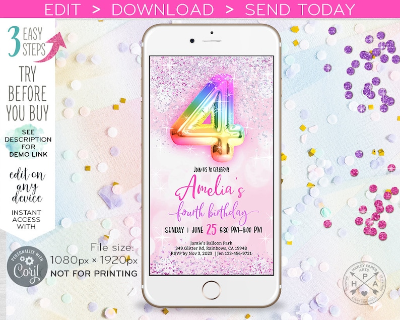 May include: A digital invitation for a 4th birthday party. The invitation features a rainbow-colored number 4 balloon on a pink background with glitter. The text "Amelia's fourth birthday" is written in pink and white. The invitation also includes the date, time, and location of the party.