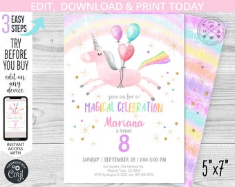 May include: A printable invitation for a magical unicorn-themed birthday party. The invitation features a pink unicorn with a rainbow mane and tail, flying with balloons. The text on the invitation reads "Join us for a Magical Celebration Mariana is turning 8". The invitation is 5 inches by 7 inches.