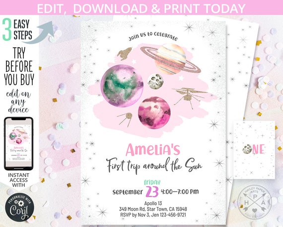 Outer space planets girl birthday invitation out of this world moon mars trip around sun mission galaxy party. EDITABLE template. 154HPA 06 Il_570xn