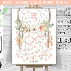 Puede incluir: Un libro de visitas con huella digital de atrapasueños imprimible de 40,6 x 50,8 cm con un diseño de acuarela que presenta un atrapasueños rosa y verde con plumas y flores. El texto "Welcome Baby Ashley" está en la parte superior del diseño. El texto "Dreamcatcher Thumbprint Guestbook Instant 16"x20" 30-75 guests" está en el lado derecho del diseño.