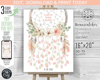 EDITABLE Thumbprint guestbook boho dreamcatcher eucalyptus roses fingerprint. Instant access to the template. Customized by you. 003HPA 16
