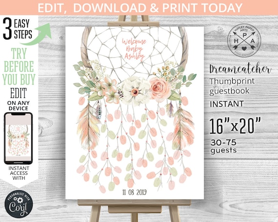 EDITABLE Thumbprint guestbook boho dreamcatcher eucalyptus roses fingerprint. Instant access to the template. Customized by you. 003HPA 16 Il_570xn