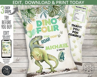 May include: A printable dinosaur-themed party favor bag with a green dinosaur illustration, the words "Dino Four Stomp Chomp Roar", and the name "Michael" with the age "4". The bag has a green and white jungle leaf pattern and a nutrition facts label with the words "Thank You For Coming!"
