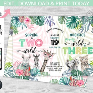 Op de afbeelding: Een jungle-thema verjaardagsuitnodiging voor een meisje dat twee jaar wordt en een jongen die drie jaar wordt. De uitnodiging heeft een zebraprint achtergrond met groene bladeren, roze bloemen en dierillustraties. De tekst luidt "Sophia is twee en wild" en "Michael is jong, wild en drie". De uitnodiging bevat de datum, tijd en locatie van het feest.