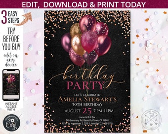 May include: A birthday party invitation with a black background, gold confetti, and a cluster of pink and gold balloons. The invitation features the words "birthday party" in elegant script, along with event details and the text "Edit, Download & Print Today."