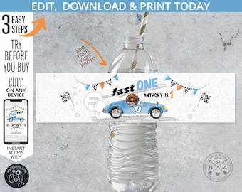 May include: Editable water bottle label with a blue race car and the text "fast one" and "Anthony is 1". The label is designed for a birthday party.
