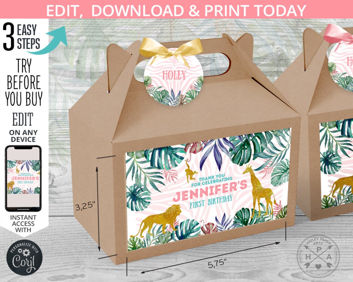 EDITABLE Jungle Gift Box Labels Guest Name Tags. Handle Favor - Etsy