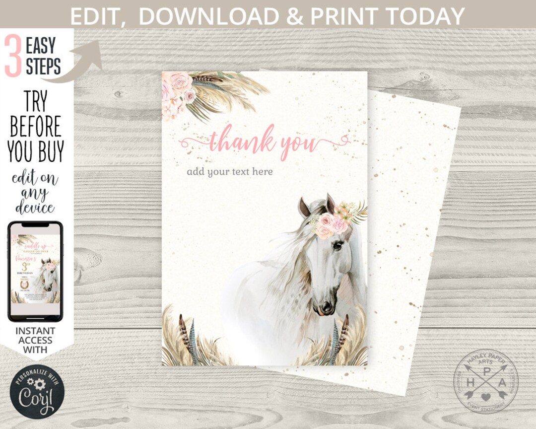 Horse Cowgirl Birthday Thank You Card Party Floral Girl Pony Watercolor ...