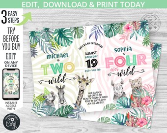 Safari joint party Wild boy TWO girl FOUR birthday invitation second 2nd 4th jungle siblings animals. Editable printable. 124HPA 26 125hpa