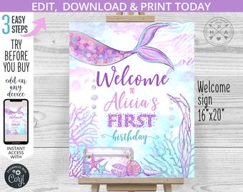 Mermaid welcome sign purple teal any age birthday board. Mermaid under the sea party 16x20 sign poster. editable printable. 198HPA 14 B