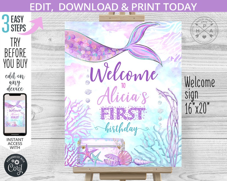 May include: A printable welcome sign for a first birthday party with a mermaid theme. The sign features a purple and blue mermaid tail, a treasure chest, seashells, and coral. The text on the sign reads "Welcome to Alicia's First Birthday".