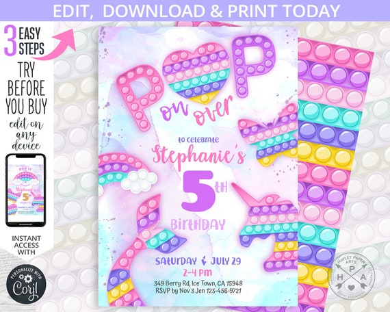 Pop it fidget toy unicorn mermaid rainbow birthday invitation bubbles purple pink pastel girl party invitations. Editable template 175HPA 07 Il_570xn