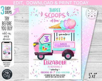 Ice cream truck birthday three scoops of fun invitation 3rd purple pink aqua girl summer icecream invitations. Editable download. 118HPA 06