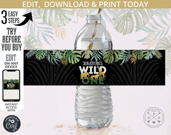 Jungle bottle labels gold animals safari wild one greenery first boy elephant birthday. Editable printable labels. 040HPA 12 201HPA