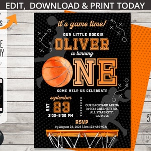 Basketball sport première invitation d'anniversaire ONE all stars boy party inviter balle jeux temps activités fête. Conception de carte modifiable. 218HPA 06