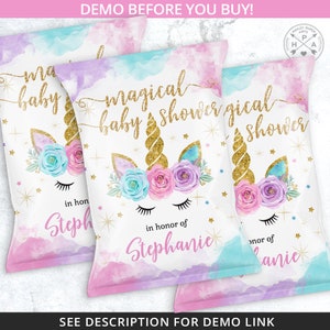 May include: Three pink and blue unicorn baby shower favor bags with gold glitter accents. The bags have the text "magical baby shower" and "in honor of Stephanie".