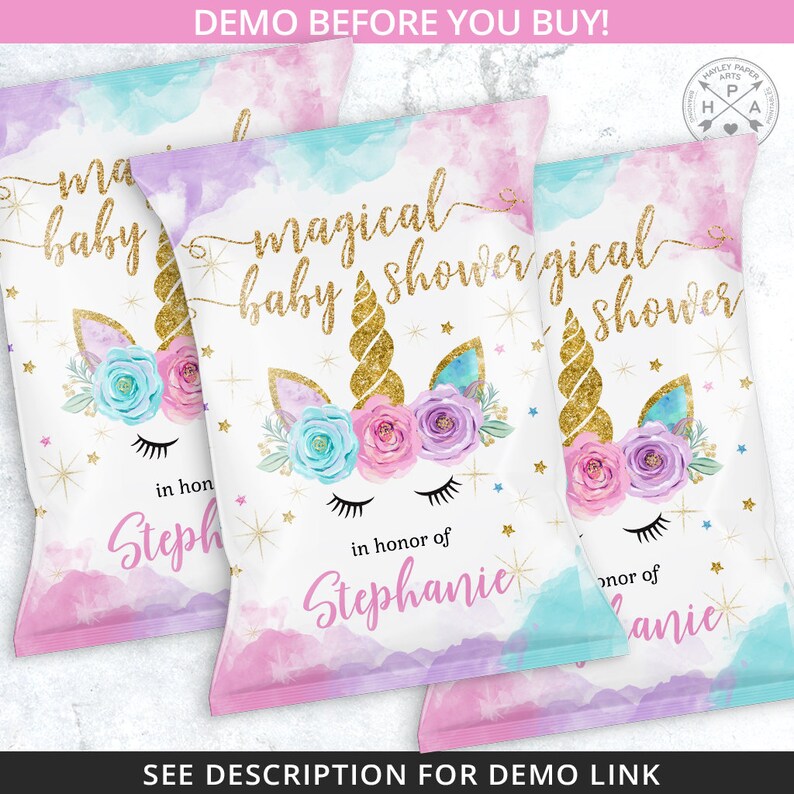 May include: Three pink and blue unicorn baby shower favor bags with gold glitter accents. The bags have the text "magical baby shower" and "in honor of Stephanie".