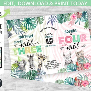 Safari joint party Wild boy THREE girl FOUR birthday invitation second 3rd 4th jungle siblings animals. Editable printable. 124HPA 70 125hpa