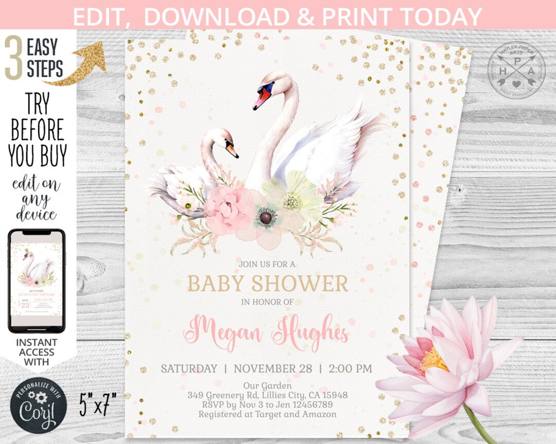 Swan Baby Shower Invitation Pink Pastel Flowers Mother Swan With Baby ...