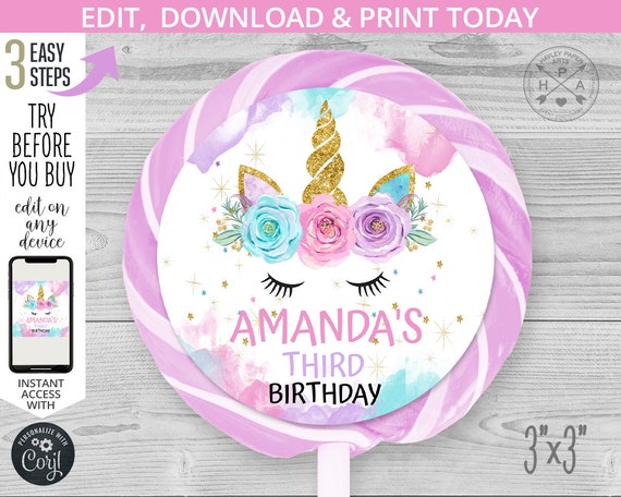 Unicorn lollipop candy sticker label magical pastel purple pink gold girl any age birthday. Instant access to online template. 046HPA 37 Il_570xn