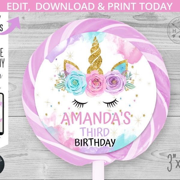 Unicorn lollipop candy sticker label magical pastel purple pink gold girl any age birthday. Instant access to online template. 046HPA 37