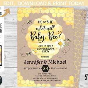 What will baby bee gender reveal shower party invitation little honey beehive honeycomb rustic watercolor. EDITABLE template. 049HPA 03