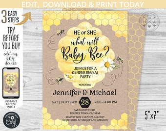 What will baby bee gender reveal shower party invitation little honey beehive honeycomb rustic watercolor. EDITABLE template. 049HPA 03