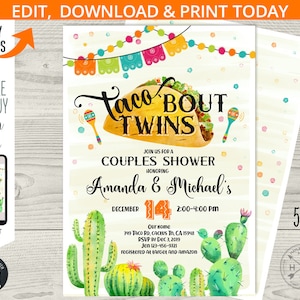 Taco 'bout twins baby couples shower invitation cactus succulent invite fiesta party neutral. Instant access to editable template. 115HPA 05