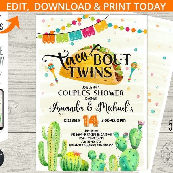 Taco 'bout twins baby couples shower invitation cactus succulent invite fiesta party neutral. Instant access to editable template. 115HPA 05