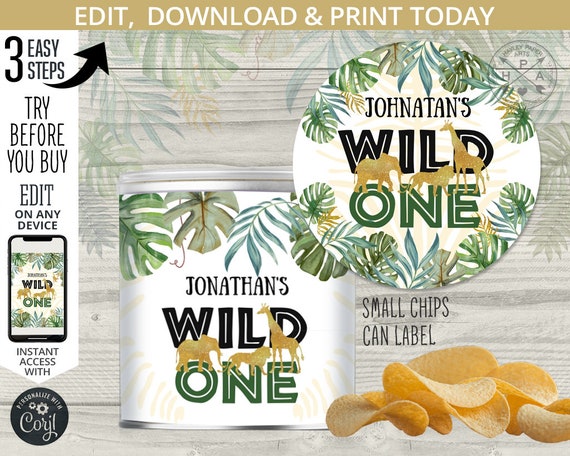 Jungle Wild One mini chips can label birthday safari gold animals snacks wrapper party favor Instant access to editable template 040HPA 53 A Il_570xn