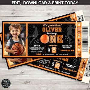 Invitation à un billet pour le premier anniversaire des sports de basket-ball, toutes les étoiles du garçon UNE activités de temps de jeux de ballon de fête. Modèle de carte modifiable. 218HPA 33B