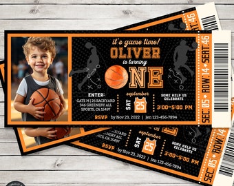 Basketball sports first birthday ticket invitation all stars boy ONE party ball games time activities. Editable card design. 218HPA 33 B