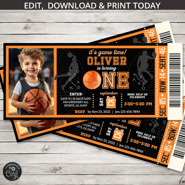 Basketball sports first birthday ticket invitation all stars boy ONE party ball games time activities. Editable card design. 218HPA 33 B