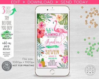 Let's Flamingle electronic birthday invitation any age tropical party, smartphone e-vite, digital invite. Selfediting. 400HPA E044 02 044HPA