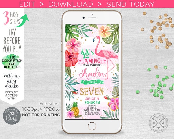 Let's Flamingle electronic birthday invitation any age tropical party, smartphone e-vite, digital invite. Selfediting. 400HPA E044 02 044HPA Il_570xn