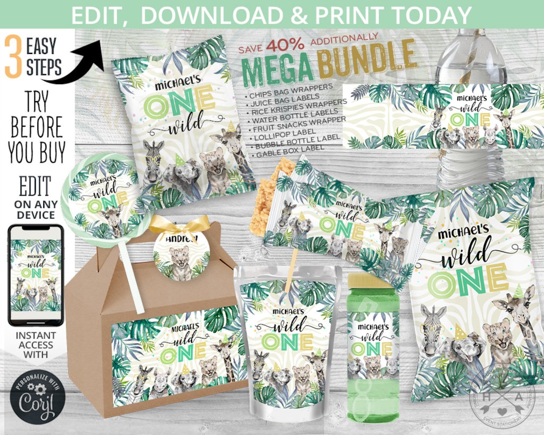 MEGA BUNDLE Jungle Safari Wild One Birthday Party Pack, Chips Bags ...