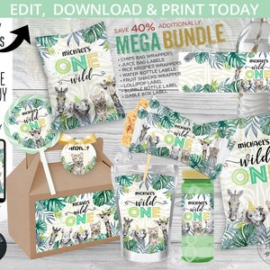 MEGA BUNDLE Jungle safari wild one birthday party pack, chips bags, juice, krispies wrappers, bottle labels. Editable printables. 124HPA 48