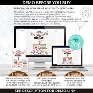 May include: A digital mockup of a baseball-themed birthday invitation. The invitation features a red, white, and blue baseball with stitching and a bat. The text on the invitation reads "Come have a ball! Michael is turning 5." The invitation is displayed on a computer screen, along with a phone and tablet, showing how the invitation can be personalized using a digital design tool.