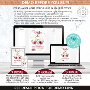 May include: A digital invitation template for a first birthday party. The invitation features a white pumpkin with gold glitter, a pink and burgundy floral arrangement, and the text "Pumpkin One". The invitation is customizable using the Corjl.com app.