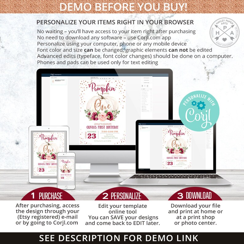 May include: A digital invitation template for a first birthday party. The invitation features a white pumpkin with gold glitter, a pink and burgundy floral arrangement, and the text "Pumpkin One". The invitation is customizable using the Corjl.com app.