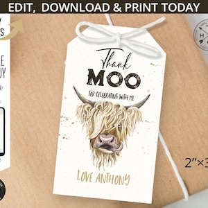 Kuh Dankeschön Tag. Holy Cow Highland Dank Moo rechteckig 5 "x 3,5 "." Geburtstag rustikaler Spaß brauner Bauernhof Junge-Partyaufkleber-Bevorzugungumbau. 209HPA 21 A2