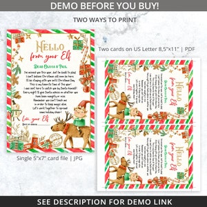 K&ouml;nnte beinhalten: Zwei druckbare Weihnachtskarten mit einem Cartoon-Elf, der auf einem Rentier reitet. Die Karten haben einen rot-gr&uuml;nen gestreiften Hintergrund mit goldener Umrandung. Der Text auf den Karten lautet "Hello from your Elf" und enth&auml;lt eine personalisierte Nachricht an Olivia und Paul. Die Karten sind in zwei Gr&ouml;&szlig;en erh&auml;ltlich: 5x7 Zoll und 8,5x11 Zoll.