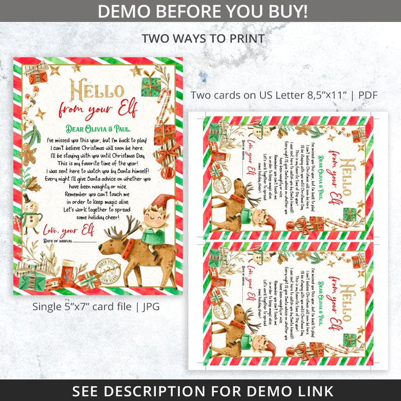 K&ouml;nnte beinhalten: Zwei druckbare Weihnachtskarten mit einem Cartoon-Elf, der auf einem Rentier reitet. Die Karten haben einen rot-gr&uuml;nen gestreiften Hintergrund mit goldener Umrandung. Der Text auf den Karten lautet "Hello from your Elf" und enth&auml;lt eine personalisierte Nachricht an Olivia und Paul. Die Karten sind in zwei Gr&ouml;&szlig;en erh&auml;ltlich: 5x7 Zoll und 8,5x11 Zoll.