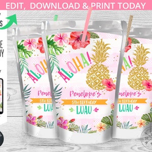 Pineapple juice bag label, capri juice bags, luau hawaiian aloha juice pouch, gold pineapple, birthday party editable printable. 187HPA 31 A